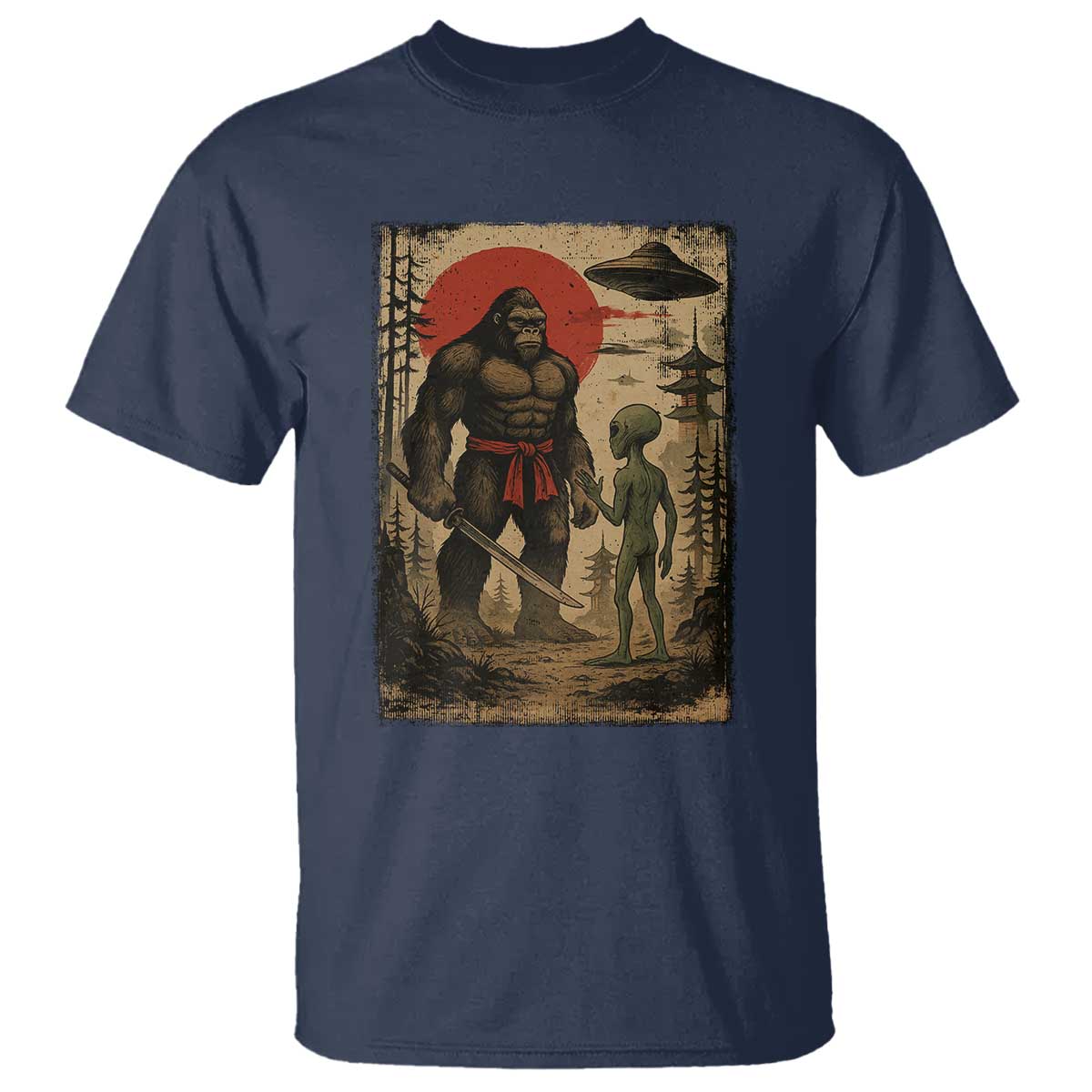 Samurai Bigfoot Japanese UFO T Shirt Sasquatch Ailen Ukiyo-e TS14 Navy Print Your Wear