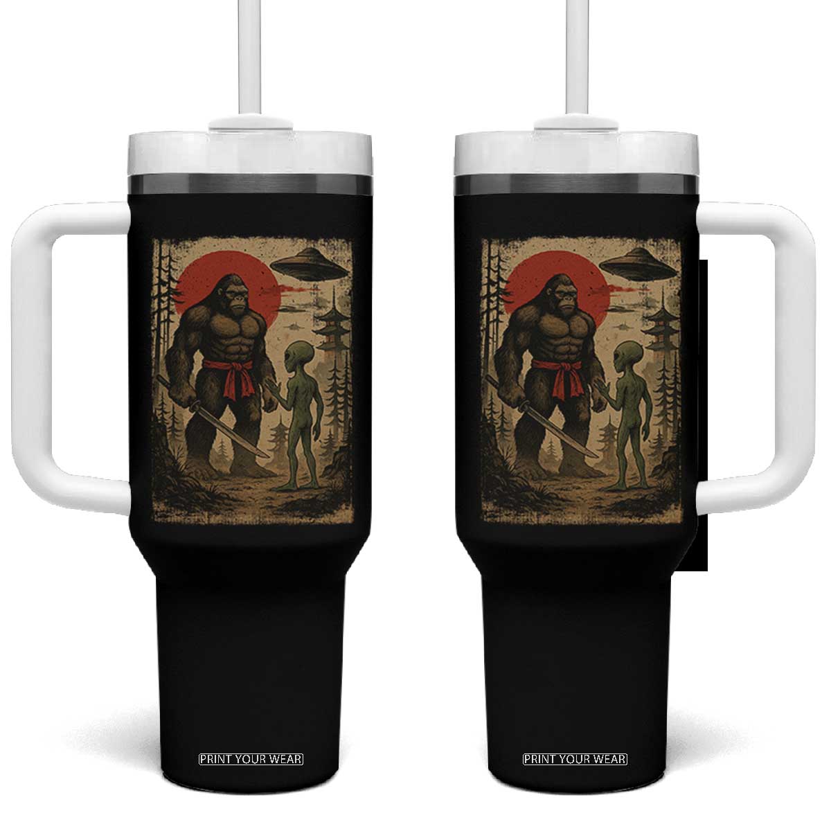 Samurai Bigfoot Japanese UFO Tumbler With Handle Sasquatch Ailen Ukiyo-e TS14 One Size: 40 oz Black Print Your Wear