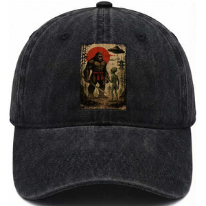 Samurai Bigfoot Japanese UFO Washed Cotton Baseball Cap Sasquatch Ailen Ukiyo-e TS14 Washed Cap Universal Fit Black Print Your Wear