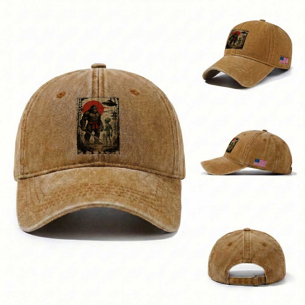 Samurai Bigfoot Japanese UFO Washed Cotton Baseball Cap Sasquatch Ailen Ukiyo-e TS14 Washed Cap Universal Fit Yellow Ochre Print Your Wear