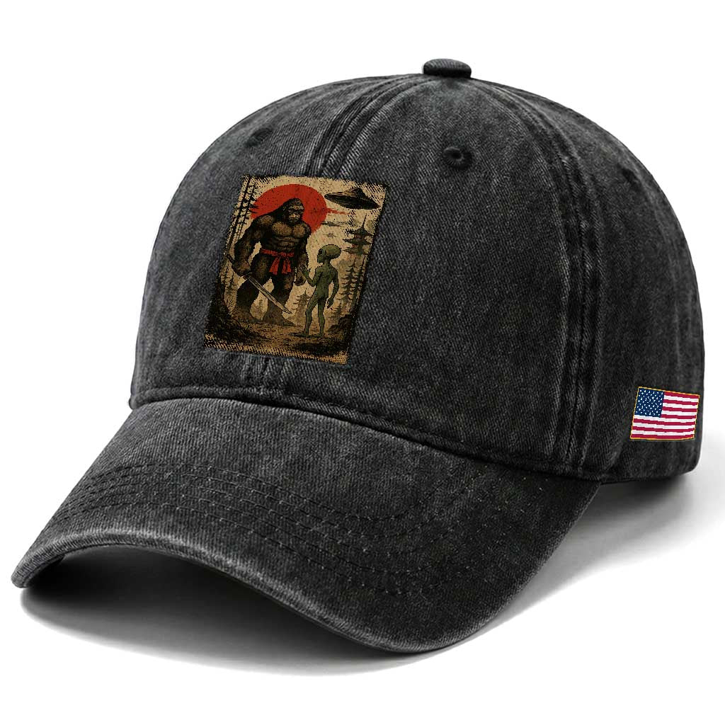 Samurai Bigfoot Japanese UFO Washed Cotton Baseball Cap Sasquatch Ailen Ukiyo-e TS14 Print Your Wear