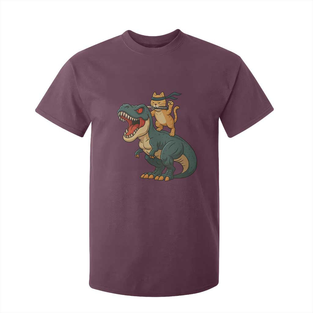 Ninja Cat Riding Dinosaur T Shirt For Kid TS14 Maroon Print Your Wear