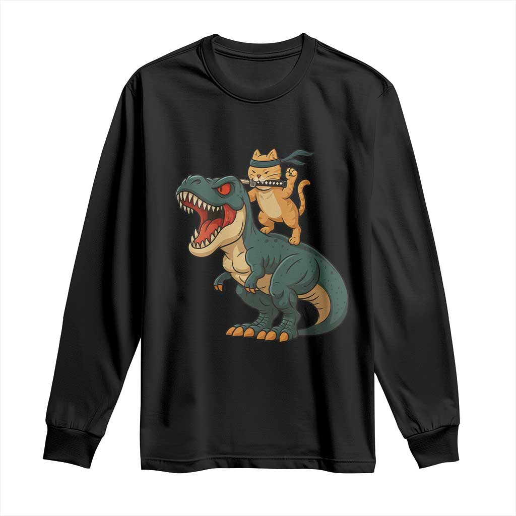 Ninja Cat Riding Dinosaur Long Sleeve Shirt TS14 Black Print Your Wear