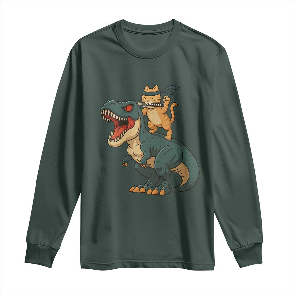 Ninja Cat Riding Dinosaur Long Sleeve Shirt TS14 Dark Forest Green Print Your Wear