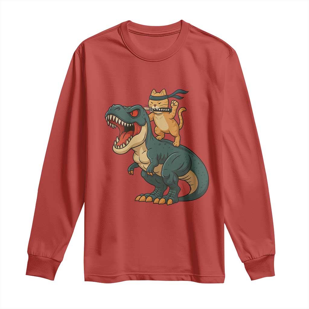 Ninja Cat Riding Dinosaur Long Sleeve Shirt TS14 Red Print Your Wear