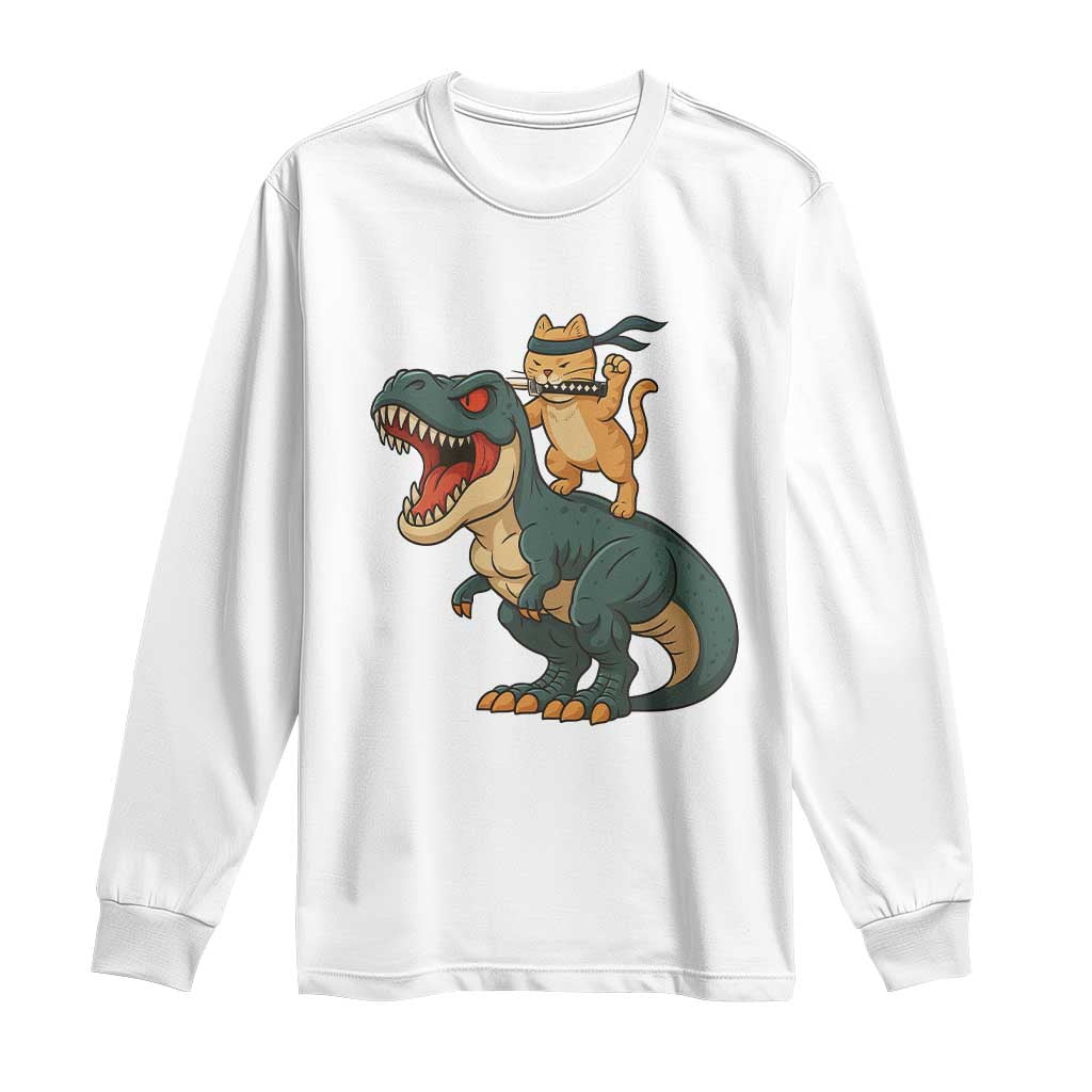 Ninja Cat Riding Dinosaur Long Sleeve Shirt TS14 White Print Your Wear