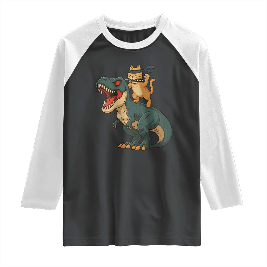 Ninja Cat Riding Dinosaur Raglan Shirt TS14 Black White Print Your Wear
