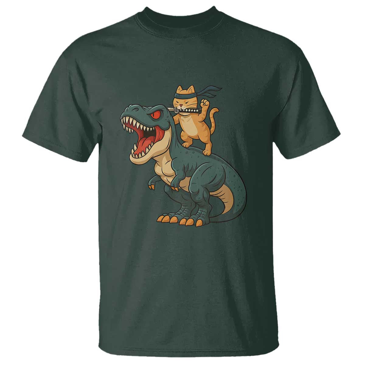 Ninja Cat Riding Dinosaur T Shirt TS14 Dark Forest Green Print Your Wear