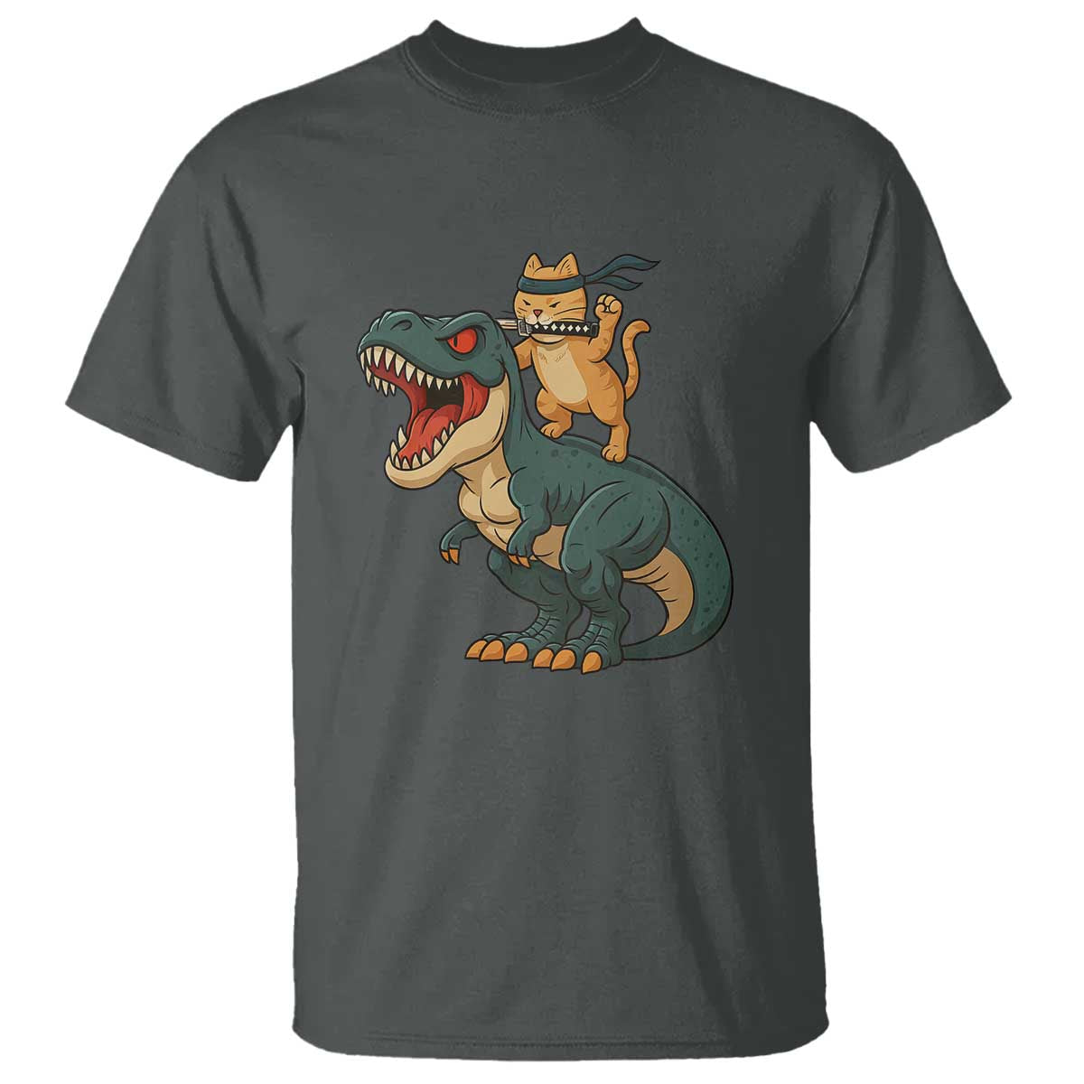 Ninja Cat Riding Dinosaur T Shirt TS14 Dark Heather Print Your Wear