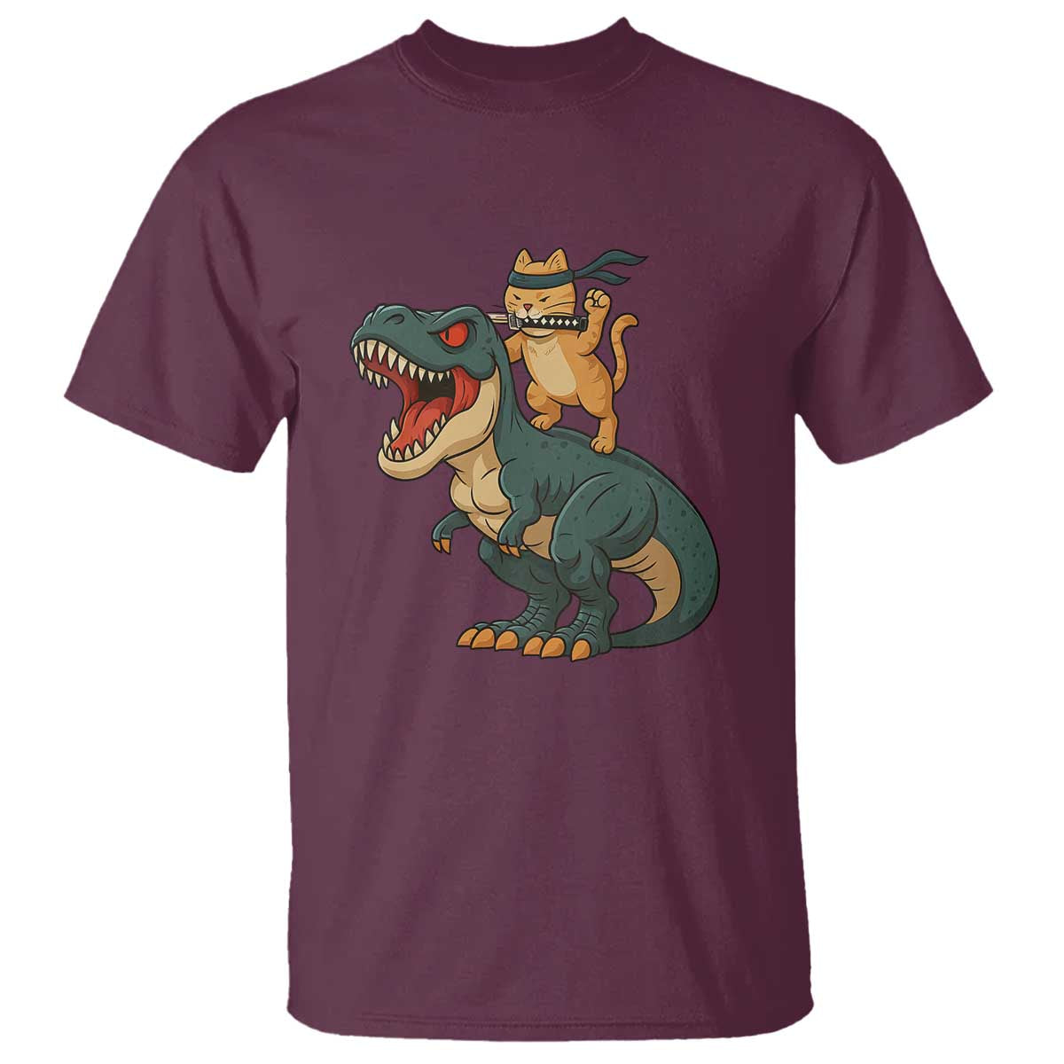Ninja Cat Riding Dinosaur T Shirt TS14 Maroon Print Your Wear