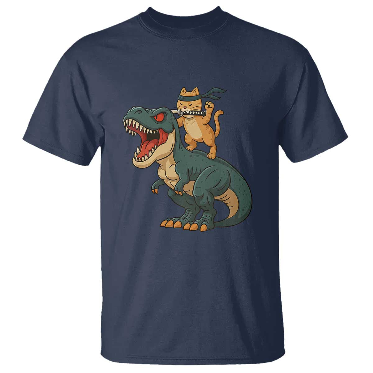 Ninja Cat Riding Dinosaur T Shirt TS14 Navy Print Your Wear
