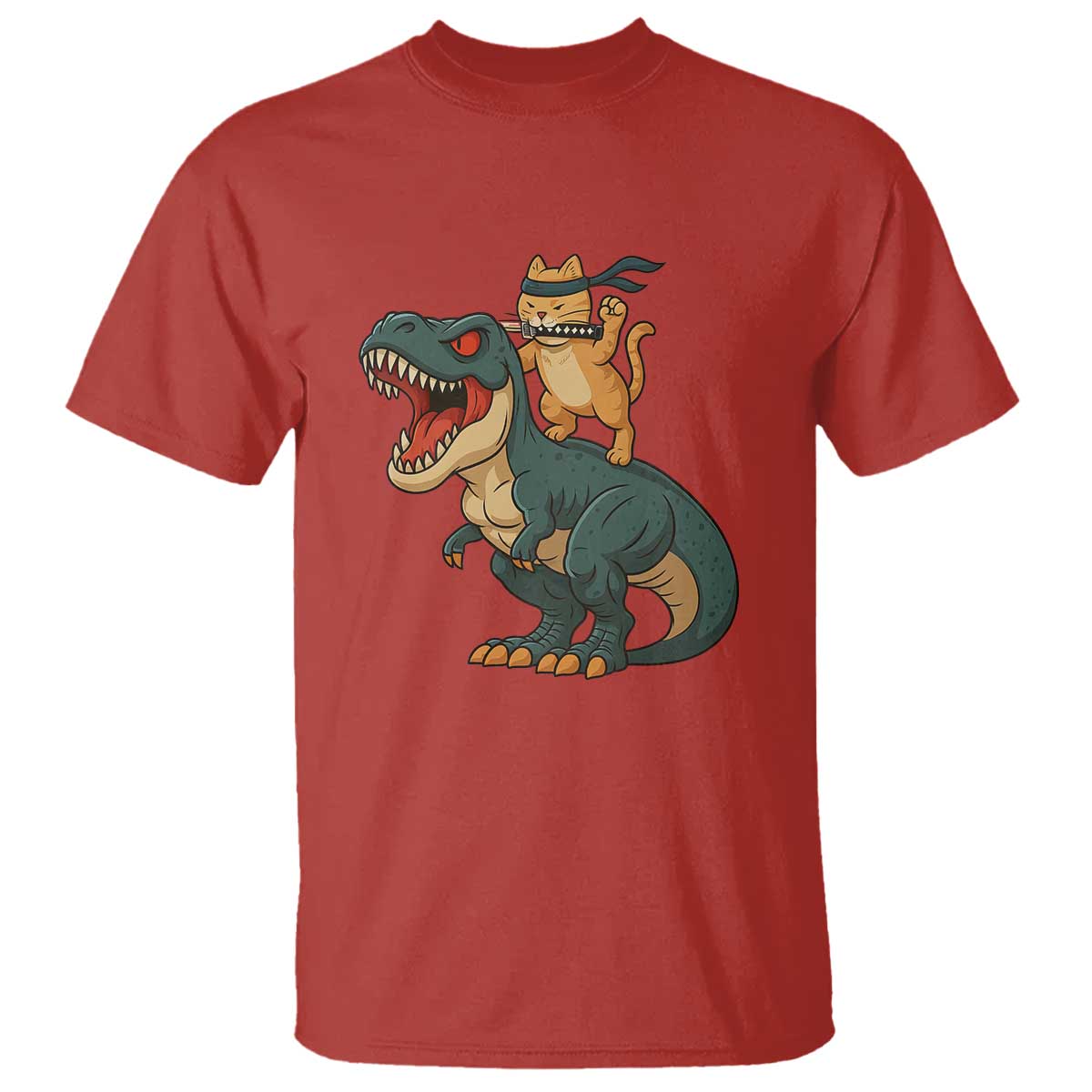 Ninja Cat Riding Dinosaur T Shirt TS14 Red Print Your Wear