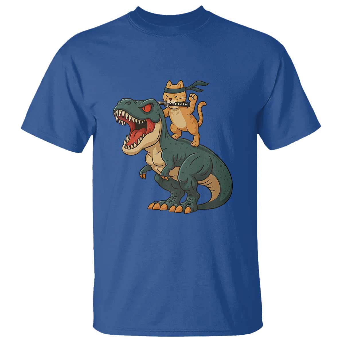 Ninja Cat Riding Dinosaur T Shirt TS14 Royal Blue Print Your Wear