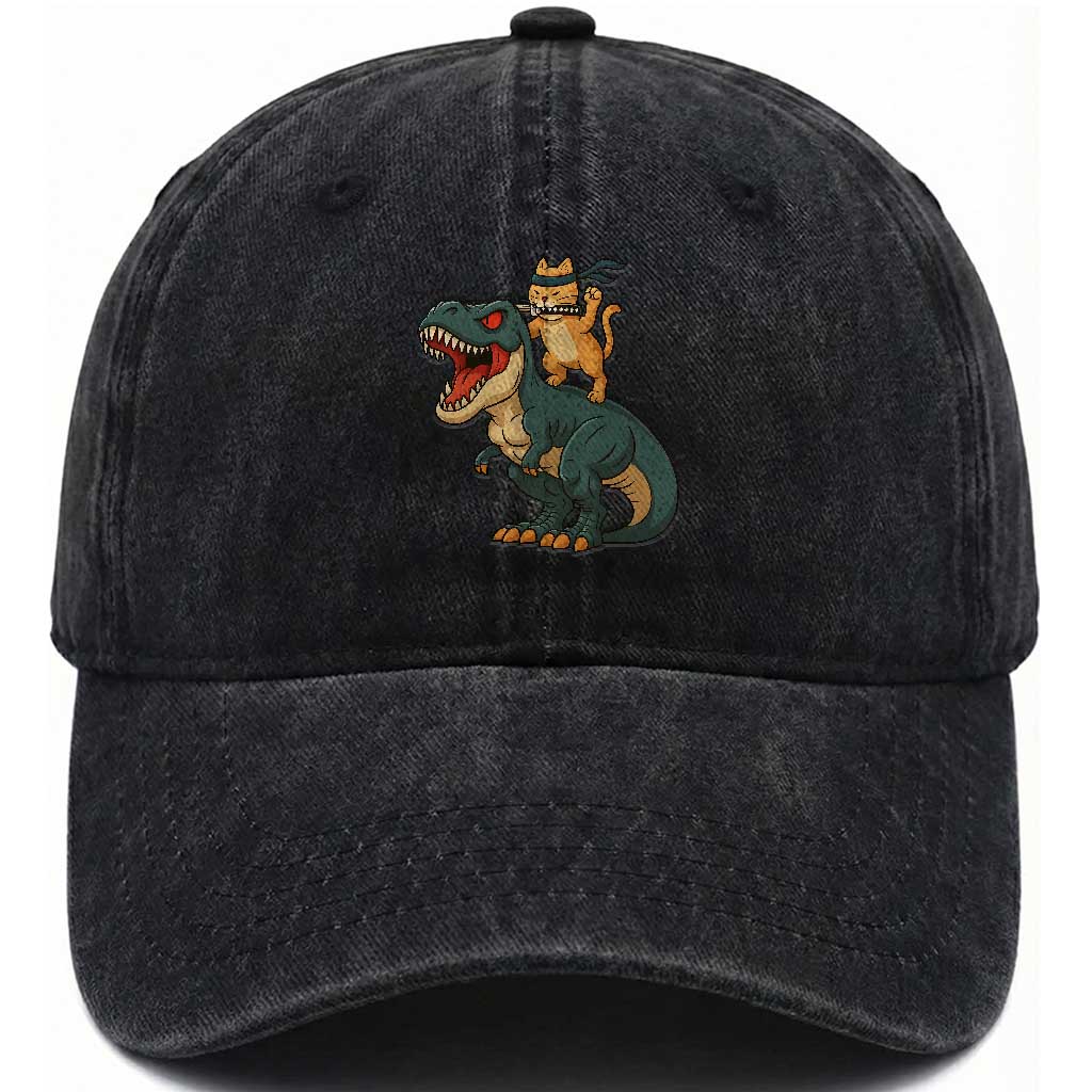 Ninja Cat Riding Dinosaur Washed Cotton Baseball Cap TS14 Washed Cap Universal Fit Black Print Your Wear