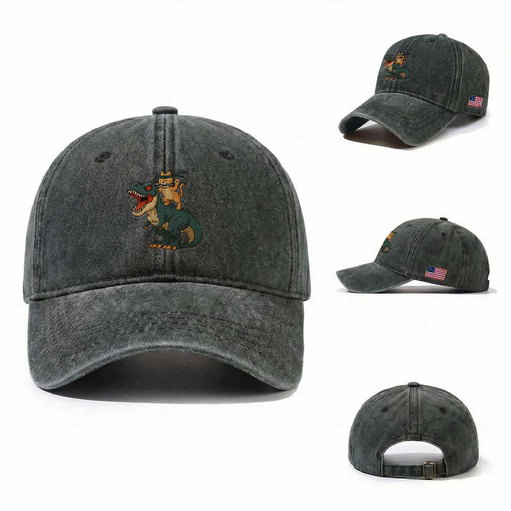Ninja Cat Riding Dinosaur Washed Cotton Baseball Cap TS14 Washed Cap Universal Fit Dark Green Print Your Wear