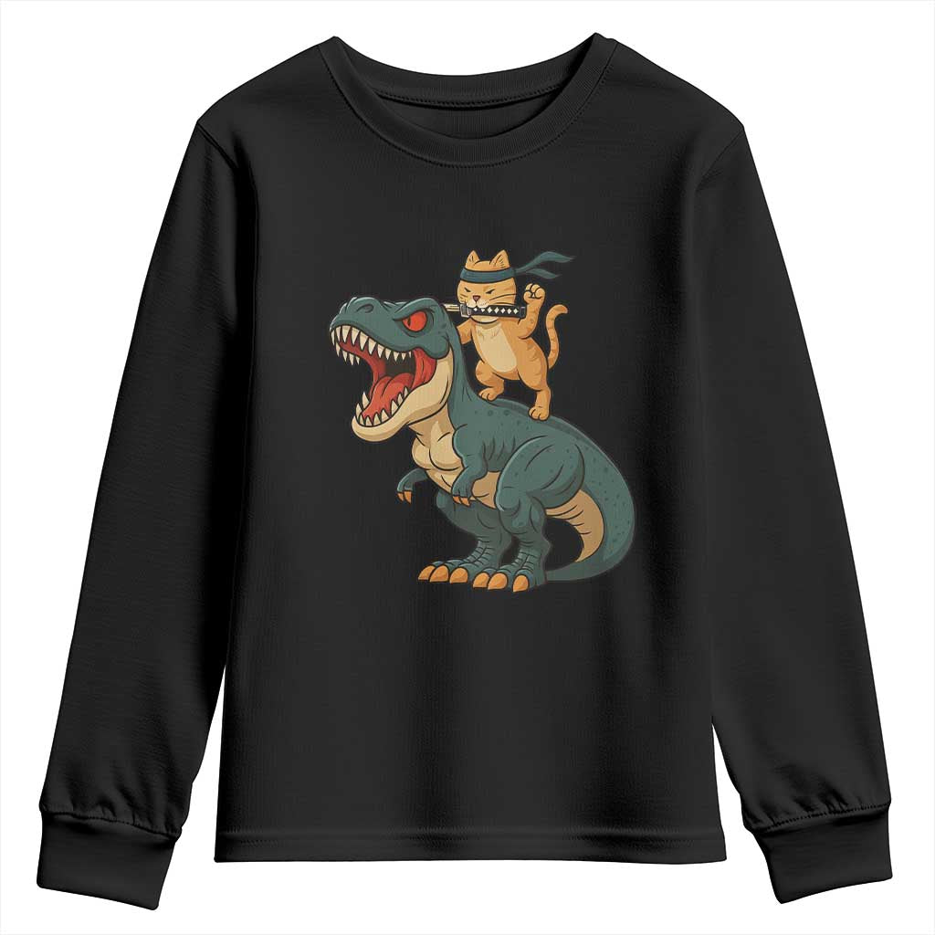Ninja Cat Riding Dinosaur Youth Sweatshirt TS14 Black Print Your Wear