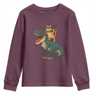 Ninja Cat Riding Dinosaur Youth Sweatshirt TS14 Maroon Print Your Wear