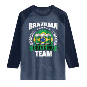 Brazil Drinking Team Raglan Shirt Funny Brazilian Flag Beer Party Gift TS14 Heather Denim Navy Print Your Wear