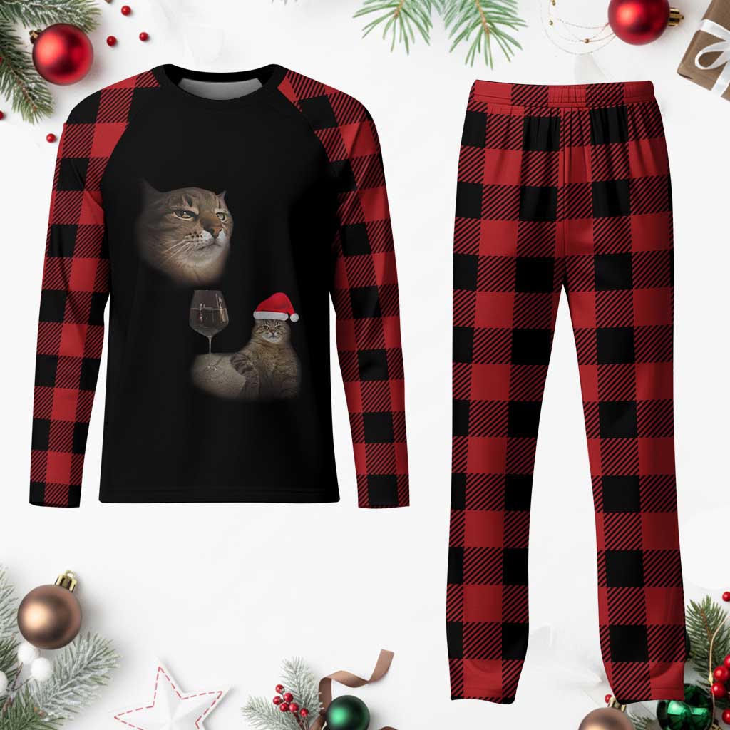 Funny Cat Christmas Plaid Pajama Set Cats Drinking Wine Oddly Specific Meme TS14 Buffalo Plaid Print Your Wear