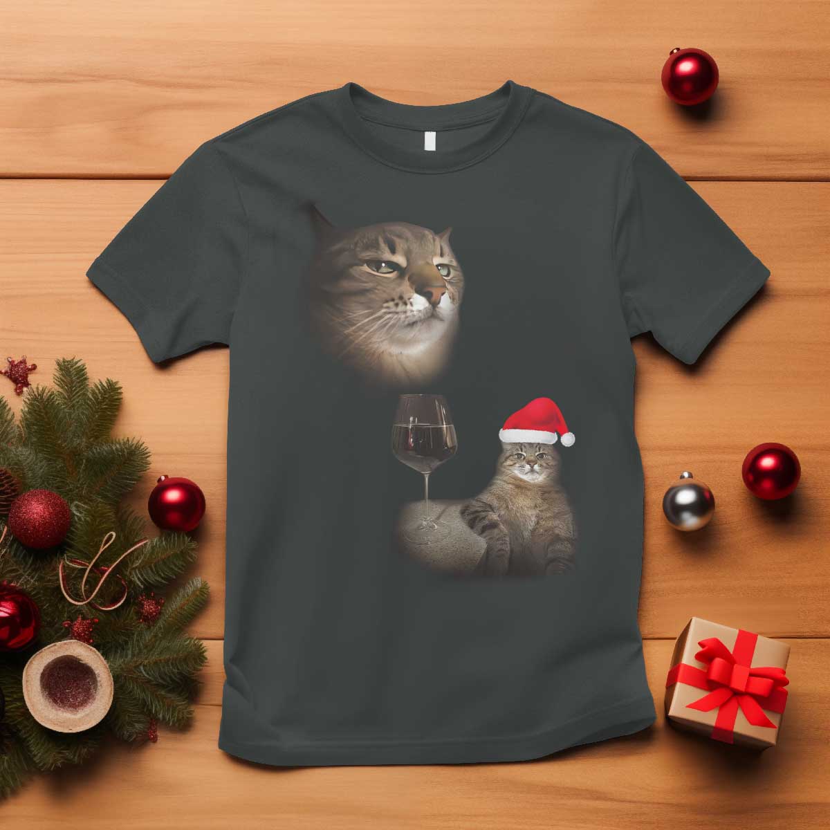 Funny Cat Christmas T Shirt Cats Drinking Wine Oddly Specific Meme TS14 Dark Heather Print Your Wear