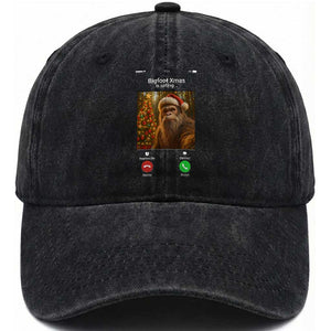 Funny Bigfoot Christmas Washed Cotton Baseball Cap Sasquatch Video Call Meme TS14 Washed Cap Universal Fit Black Print Your Wear