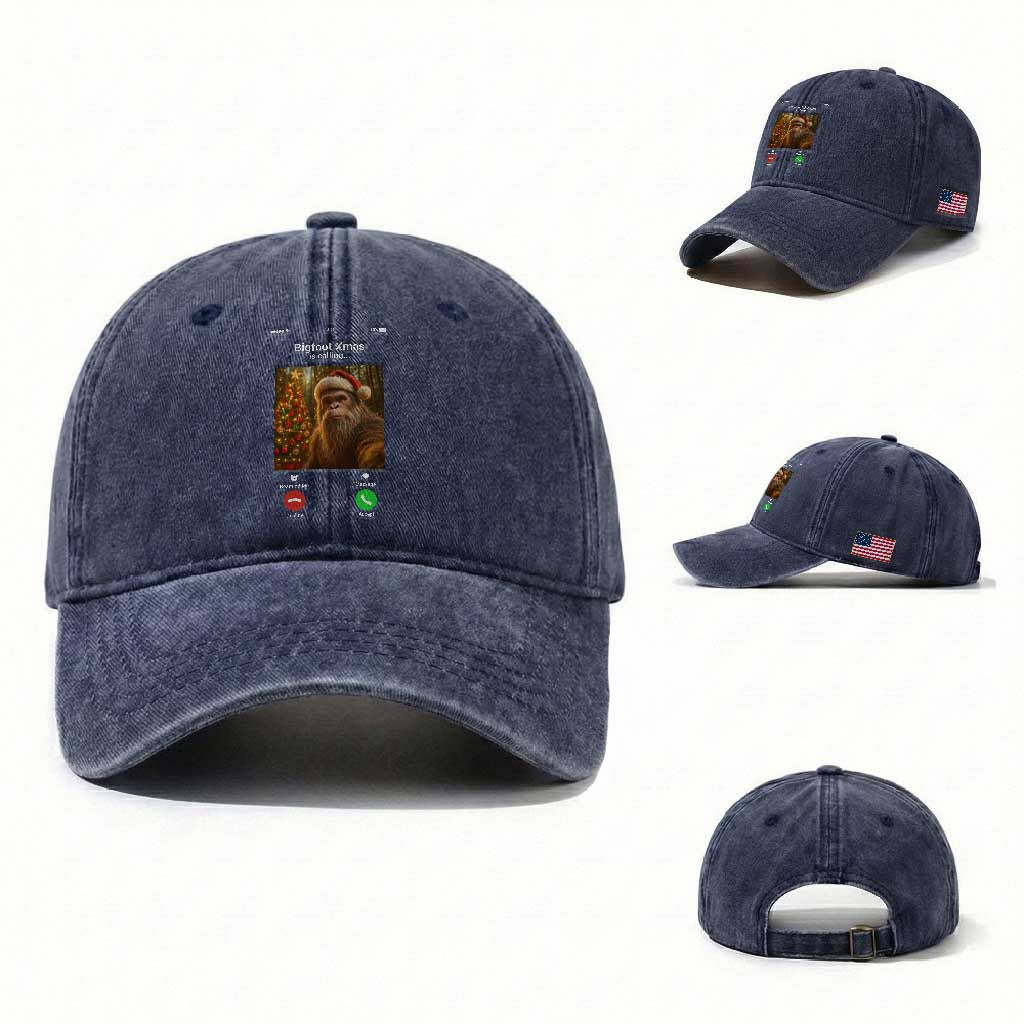 Funny Bigfoot Christmas Washed Cotton Baseball Cap Sasquatch Video Call Meme TS14 Washed Cap Universal Fit Navy Print Your Wear