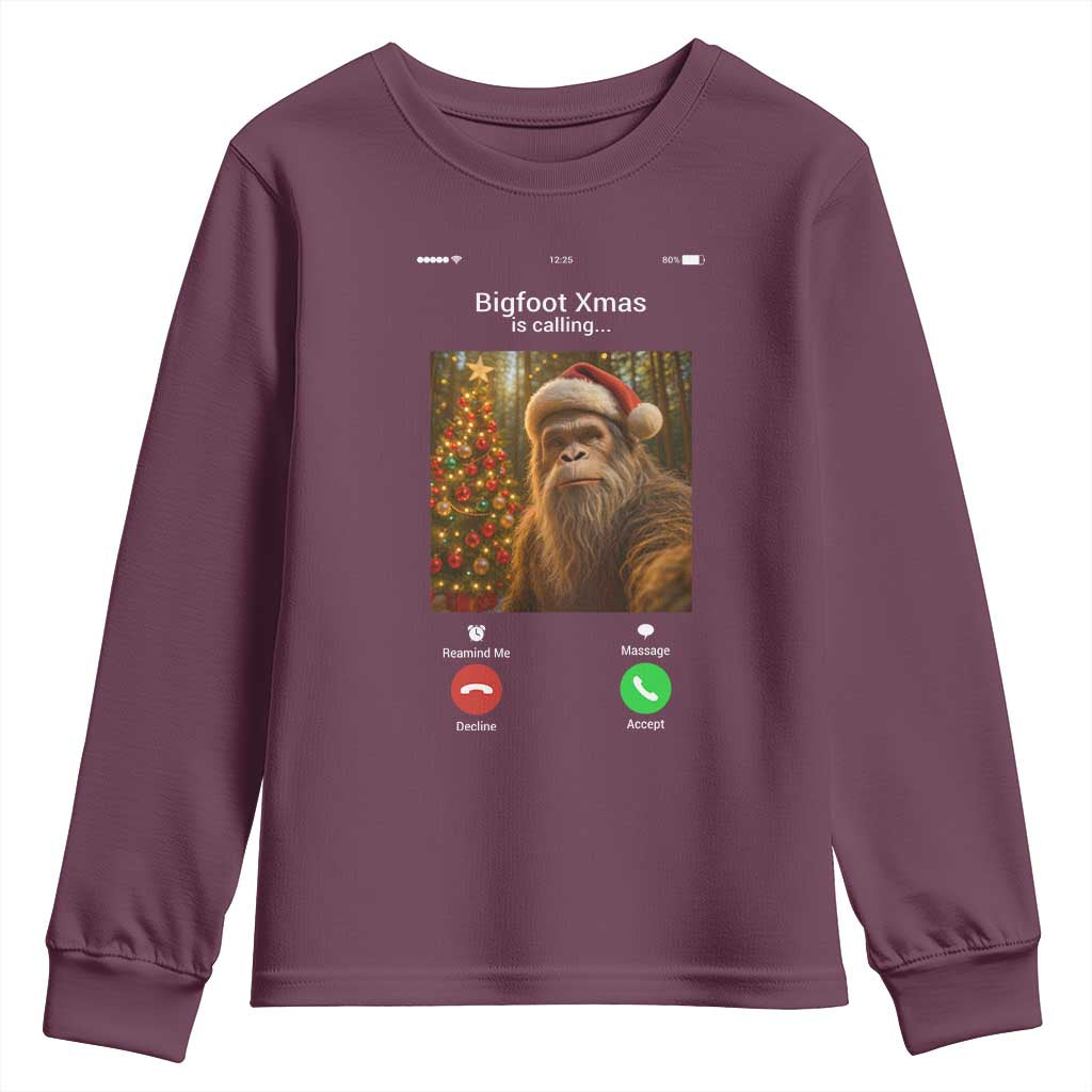 Funny Bigfoot Christmas Youth Sweatshirt Sasquatch Video Call Meme TS14 Maroon Print Your Wear