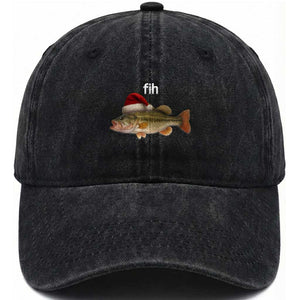 Funny Misspelled Fish Christmas Meme Washed Cotton Baseball Cap TS14 Washed Cap Universal Fit Black Print Your Wear