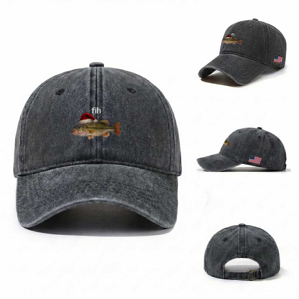 Funny Misspelled Fish Christmas Meme Washed Cotton Baseball Cap TS14 Washed Cap Universal Fit Dark Gray Print Your Wear