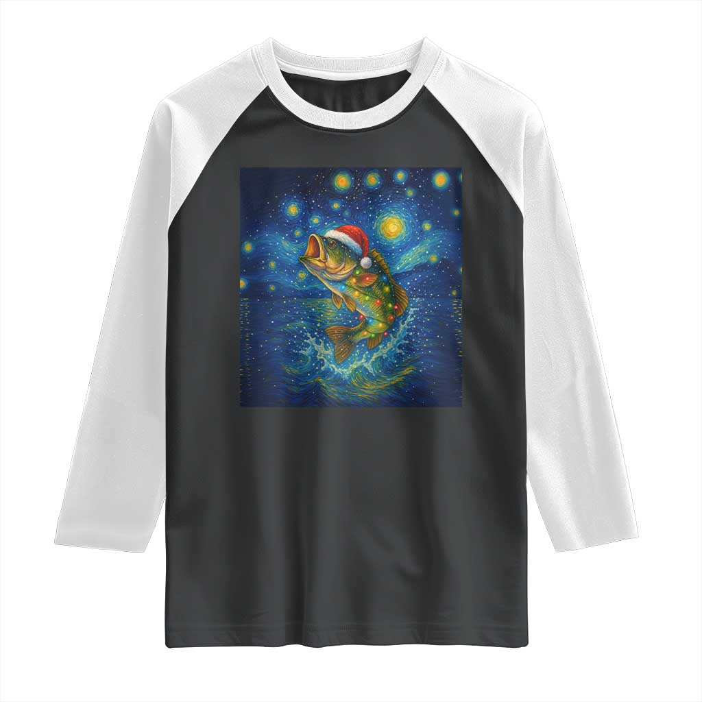 Bass Fish Christmas Raglan Shirt Starry Night Fishing Van Gogh TS14 Black White Print Your Wear