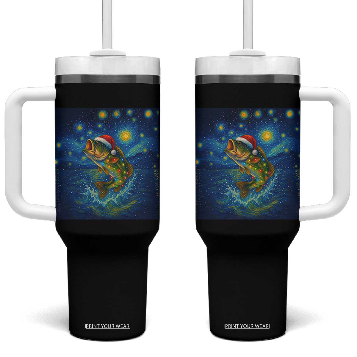 Bass Fish Christmas Tumbler With Handle Starry Night Fishing Van Gogh TS14 One Size: 40 oz Black Print Your Wear
