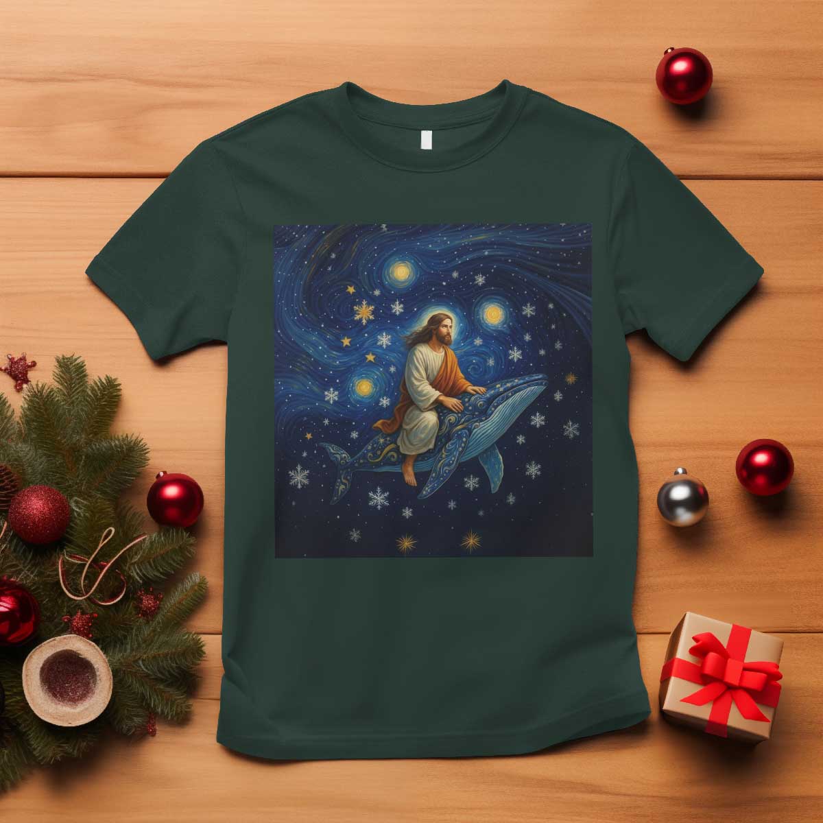 Jesus Christian T Shirt Stary Night Van Gogh Christmas TS14 Dark Forest Green Print Your Wear