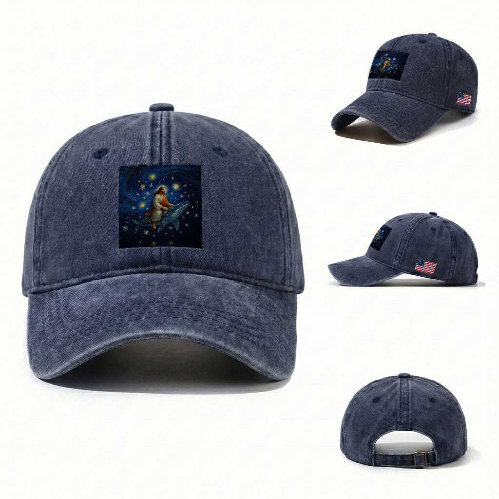 Jesus Christian Washed Cotton Baseball Cap Stary Night Van Gogh Christmas TS14 Washed Cap Universal Fit Navy Print Your Wear