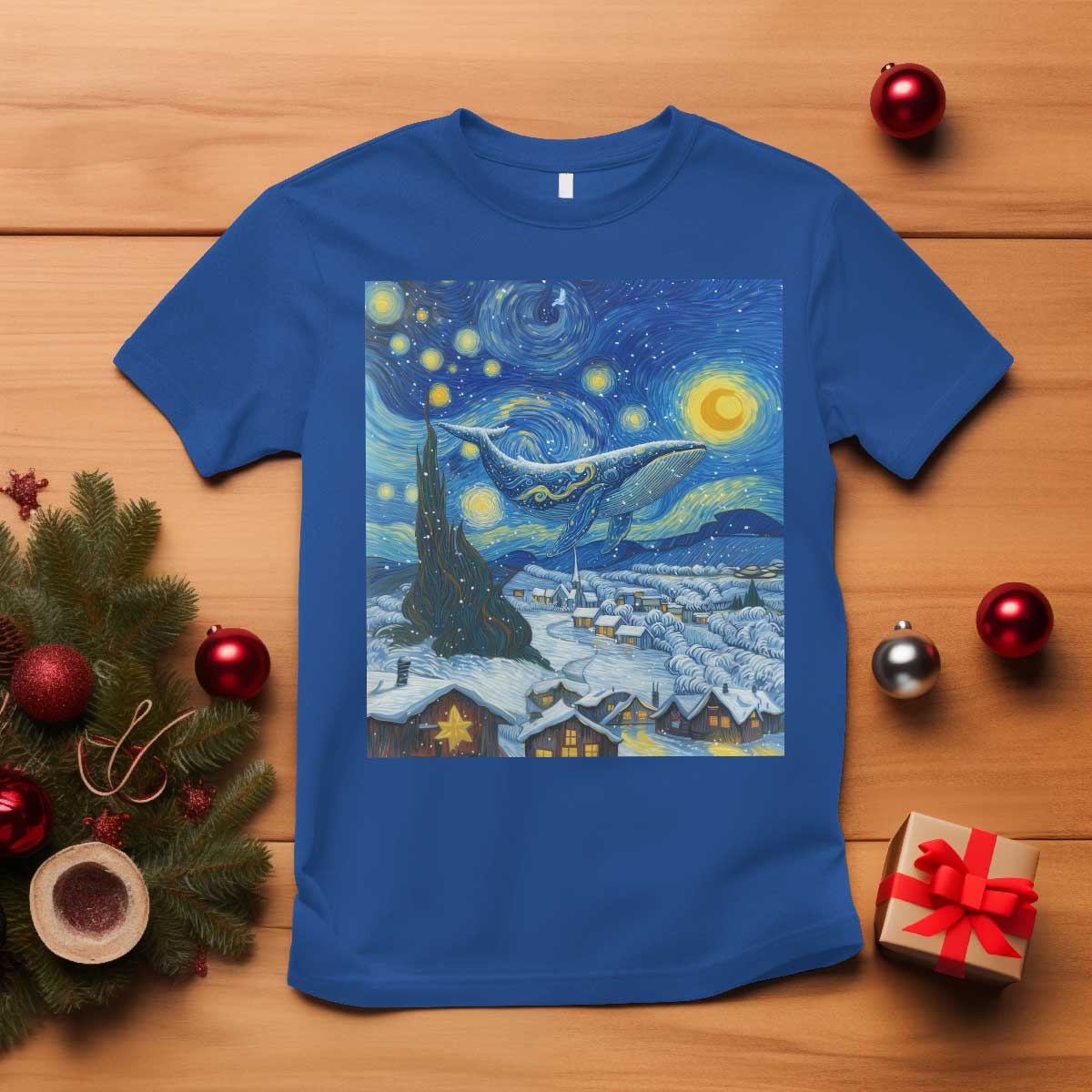 Whale Christmas T Shirt Stary Night Van Gogh Christmas TS14 Royal Blue Print Your Wear