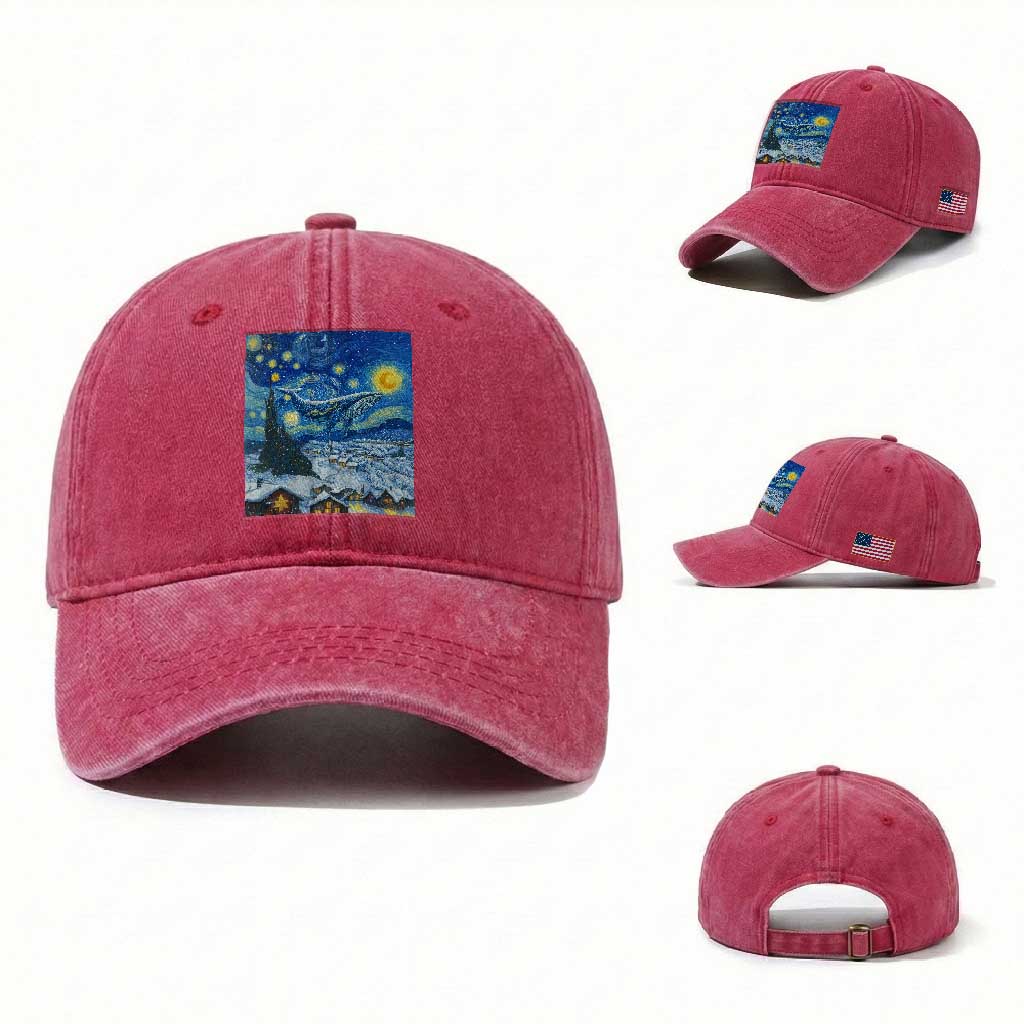 Whale Christmas Washed Cotton Baseball Cap Stary Night Van Gogh Christmas TS14 Washed Cap Universal Fit Red Print Your Wear