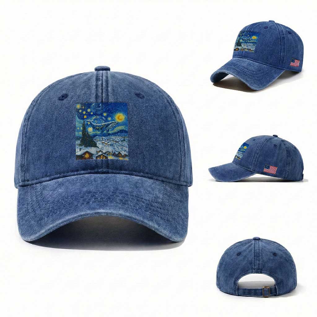 Whale Christmas Washed Cotton Baseball Cap Stary Night Van Gogh Christmas TS14 Washed Cap Universal Fit Royal Blue Print Your Wear