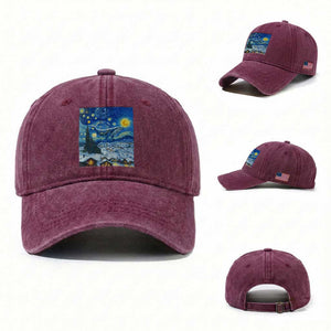 Whale Christmas Washed Cotton Baseball Cap Stary Night Van Gogh Christmas TS14 Washed Cap Universal Fit Burgundy Print Your Wear