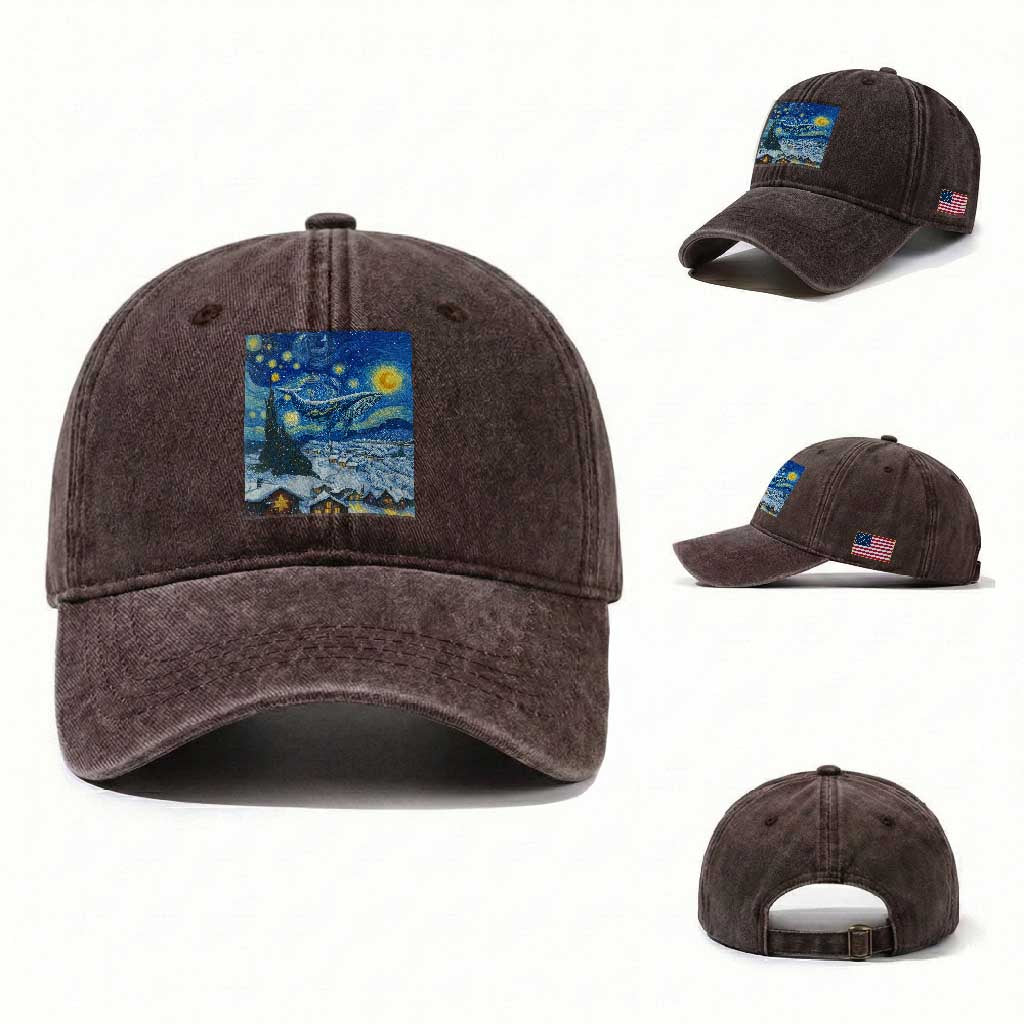 Whale Christmas Washed Cotton Baseball Cap Stary Night Van Gogh Christmas TS14 Washed Cap Universal Fit Dark Brown Print Your Wear