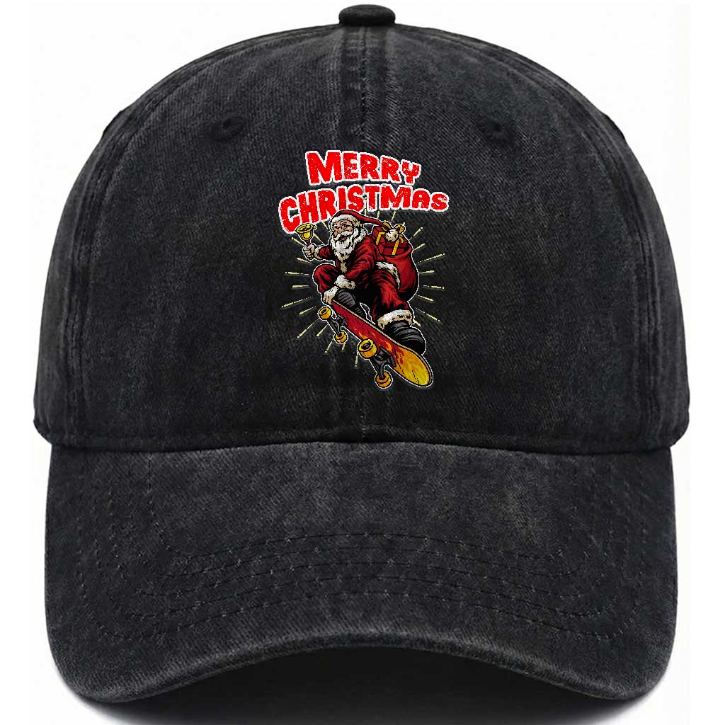 Santa Skateboarding Christmas Washed Cotton Baseball Cap Funny Skater Xmas TS14 Washed Cap Universal Fit Black Print Your Wear