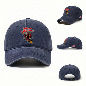 Santa Skateboarding Christmas Washed Cotton Baseball Cap Funny Skater Xmas TS14 Washed Cap Universal Fit Navy Print Your Wear