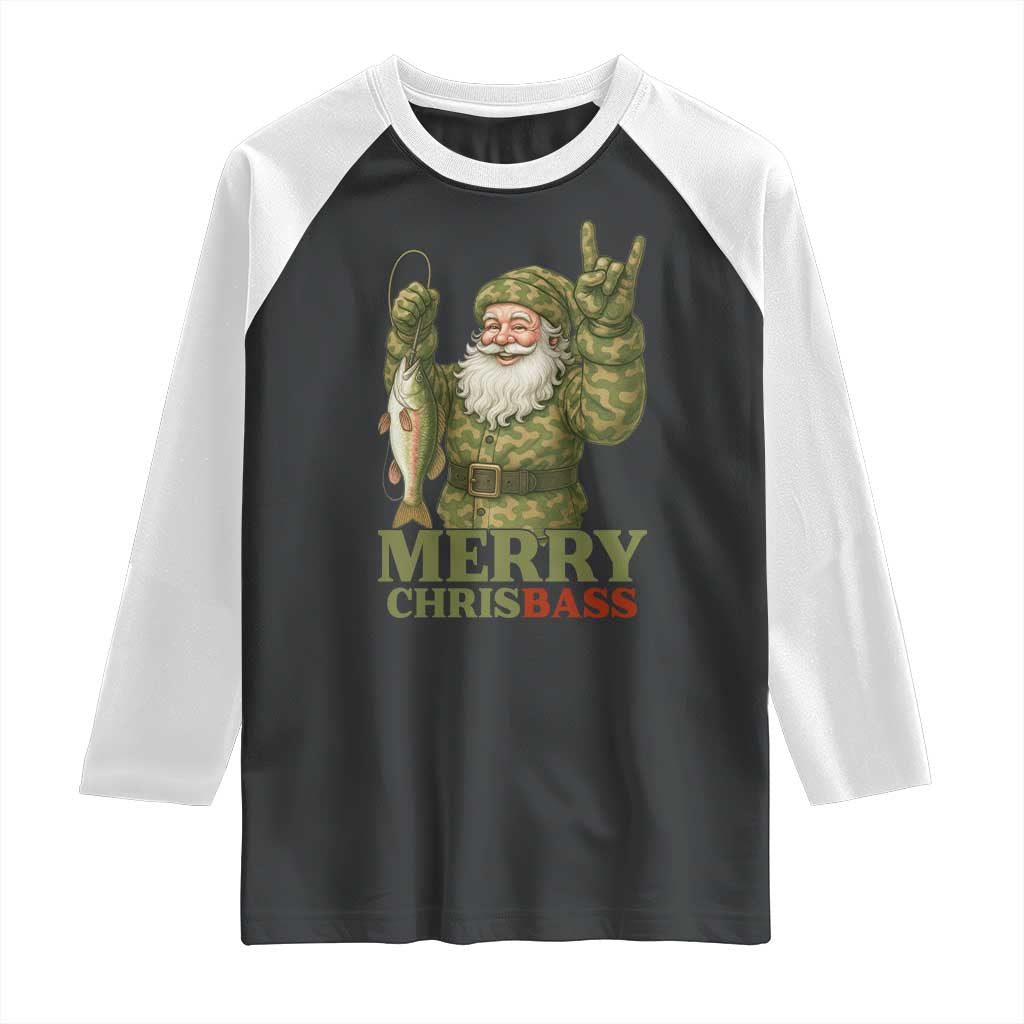 Funny Santa Camo Fishing Raglan Shirt Merry Chrisbass TS14 Black White Print Your Wear