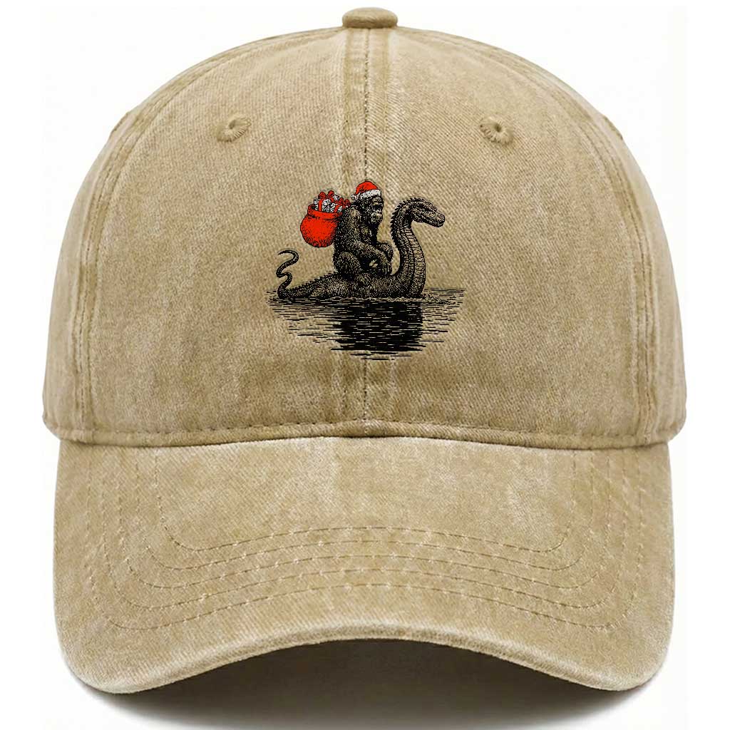 Funny Bigfoot Christmas Washed Cotton Baseball Cap Sasquatch Loch Ness Cryptid Xmas TS14 Washed Cap Universal Fit Khaki Print Your Wear