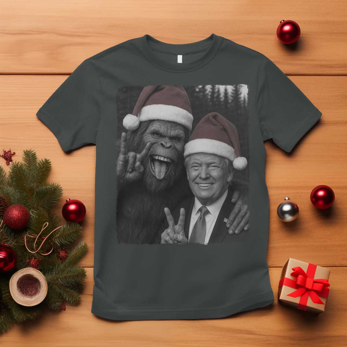 Funny Bigfoot Selfie Christmas T Shirt Sasquatch Trump Meme TS14 Dark Heather Print Your Wear