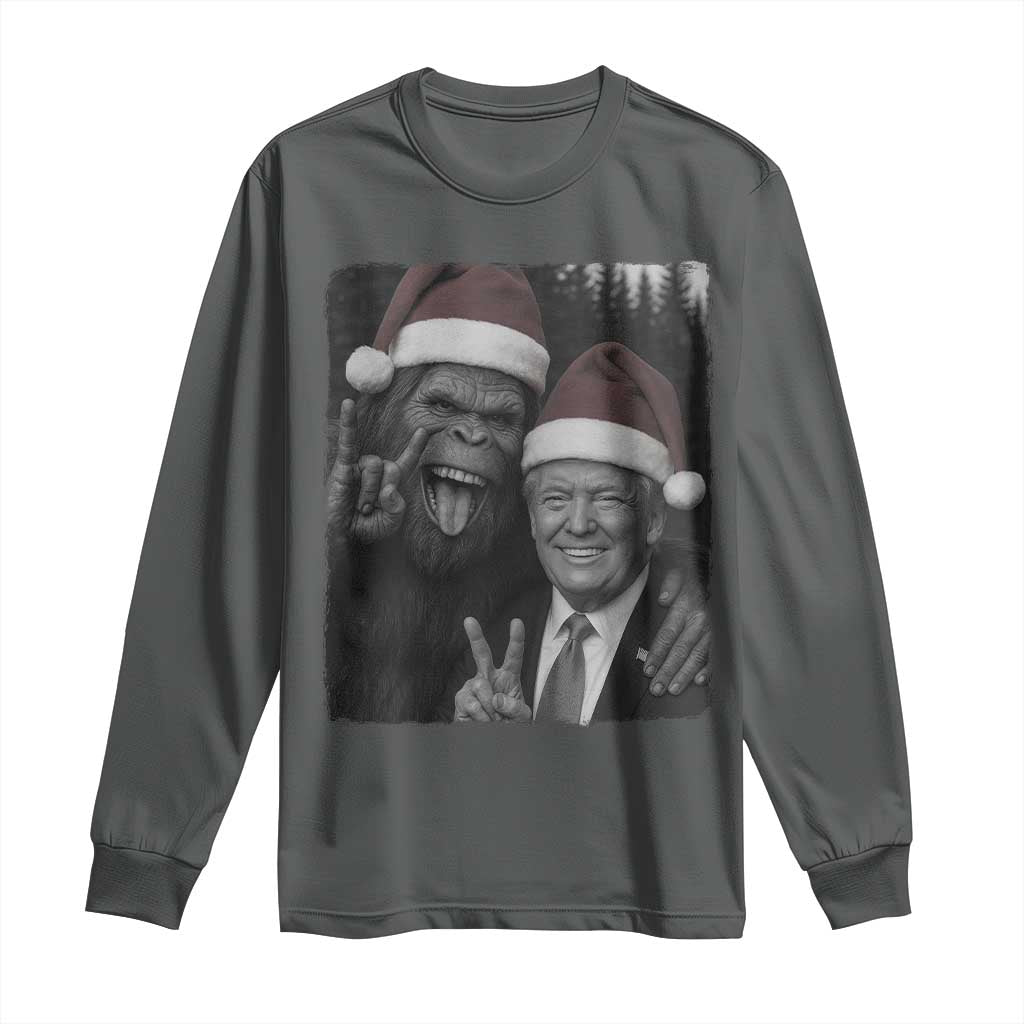 Funny Bigfoot Selfie Christmas Long Sleeve Shirt Sasquatch Trump Meme TS14 Dark Heather Print Your Wear