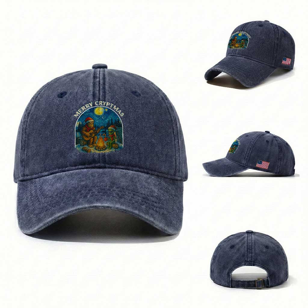Funny Bigfoot Christmas Washed Cotton Baseball Cap Sasquatch Alien Merry Cryptmas TS14 Washed Cap Universal Fit Navy Print Your Wear