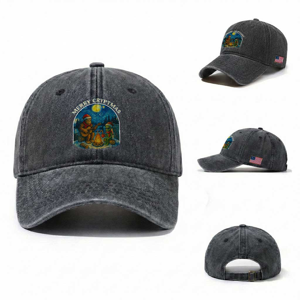 Funny Bigfoot Christmas Washed Cotton Baseball Cap Sasquatch Alien Merry Cryptmas TS14 Washed Cap Universal Fit Dark Gray Print Your Wear