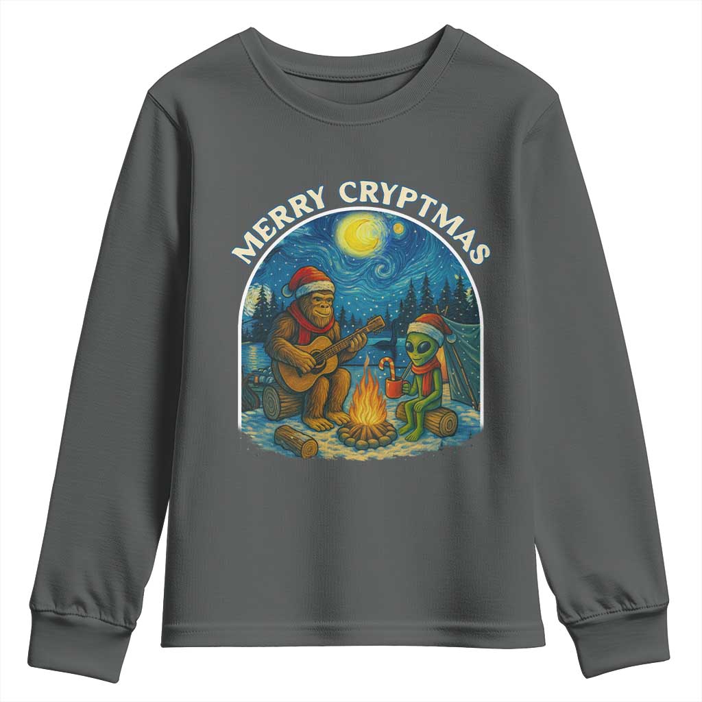 Funny Bigfoot Christmas Youth Sweatshirt Sasquatch Alien Merry Cryptmas TS14 Dark Heather Print Your Wear