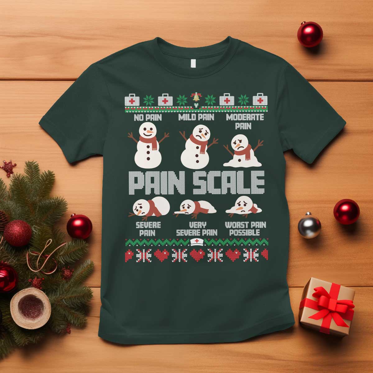 Pain Scale Snowman T Shirt Funny ICU Nurse Christmas TS14 Dark Forest Green Print Your Wear