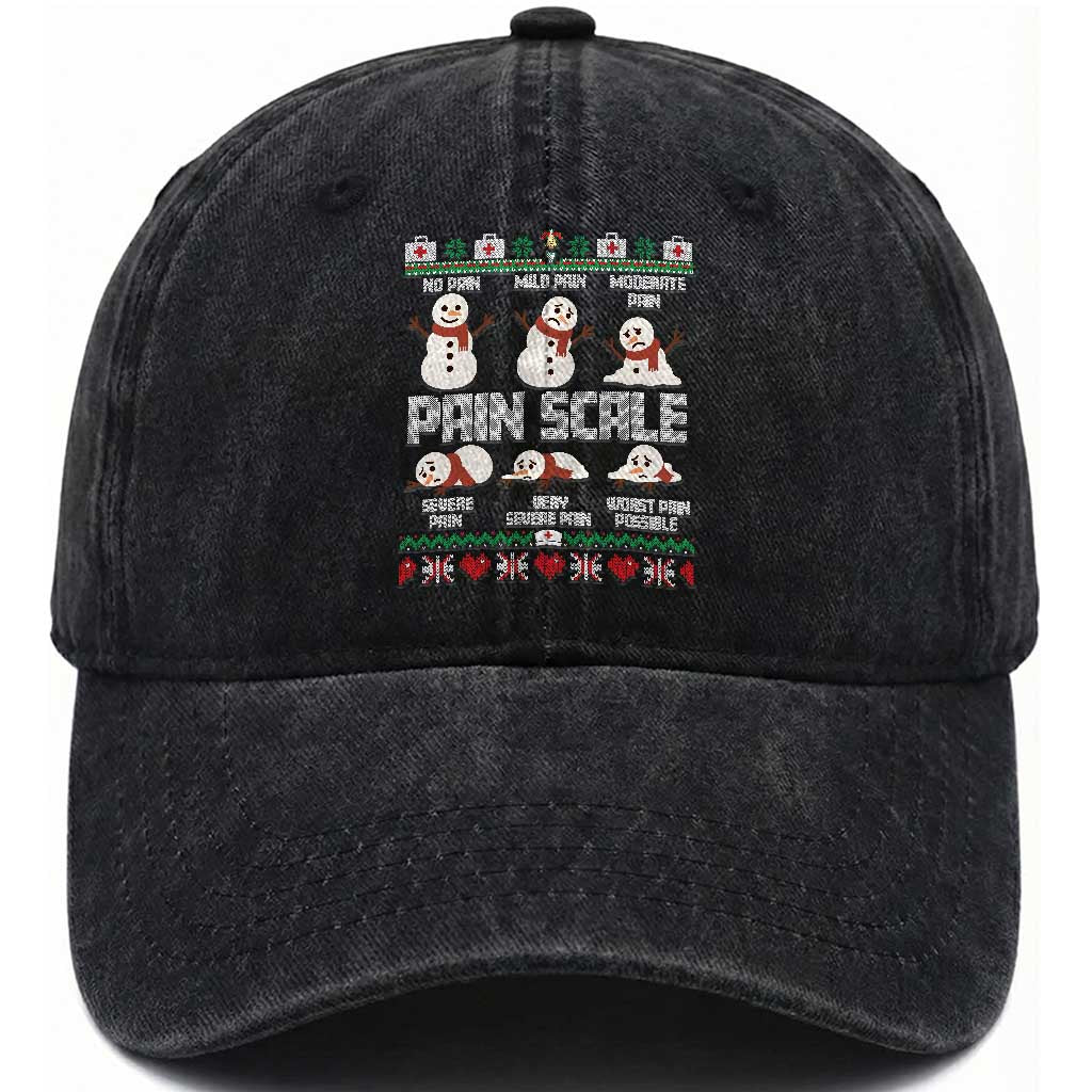 Pain Scale Snowman Washed Cotton Baseball Cap Funny ICU Nurse Christmas TS14 Washed Cap Universal Fit Black Print Your Wear