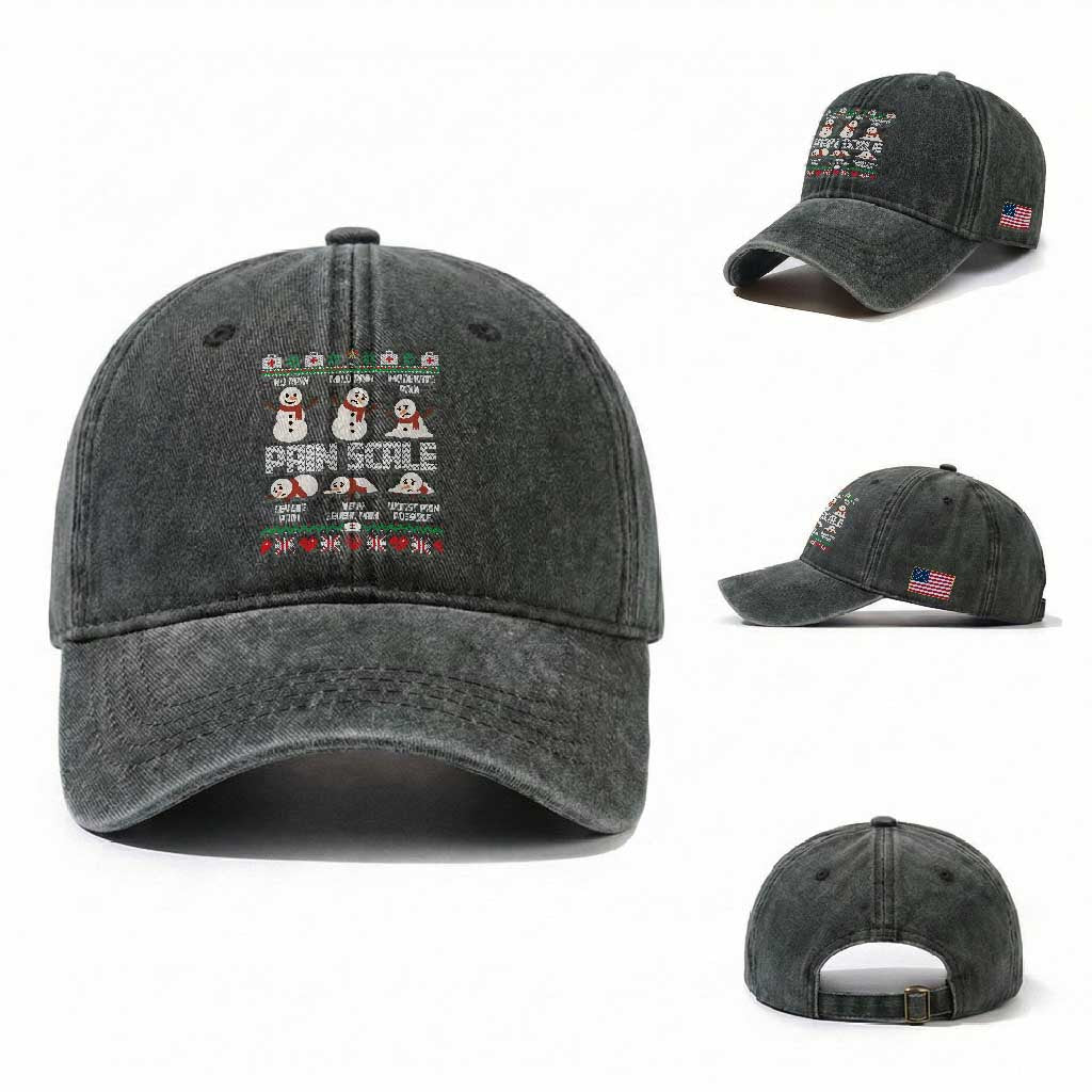 Pain Scale Snowman Washed Cotton Baseball Cap Funny ICU Nurse Christmas TS14 Washed Cap Universal Fit Dark Green Print Your Wear